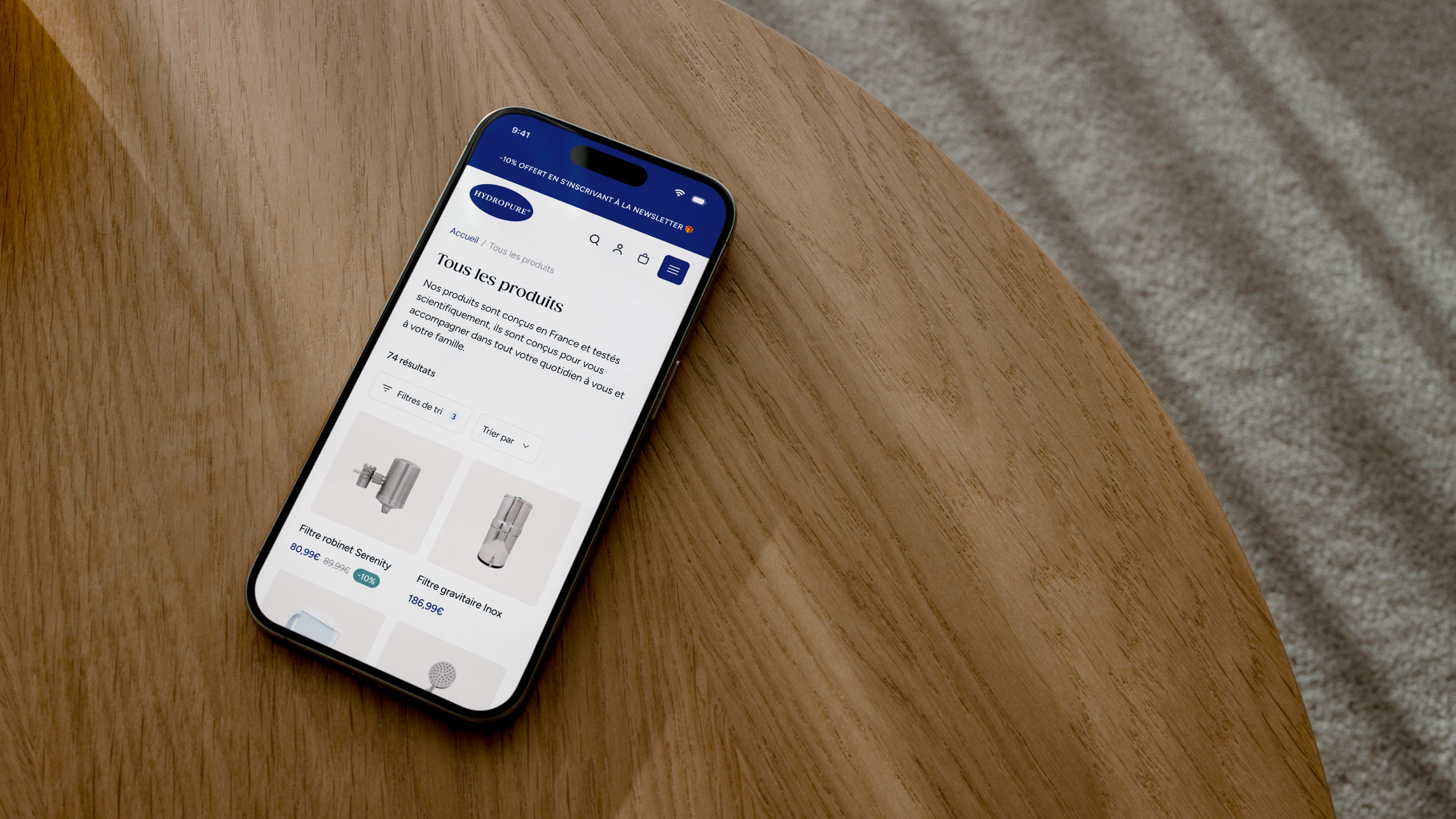 Page liste des produits Hydropure consultée sur smartphone