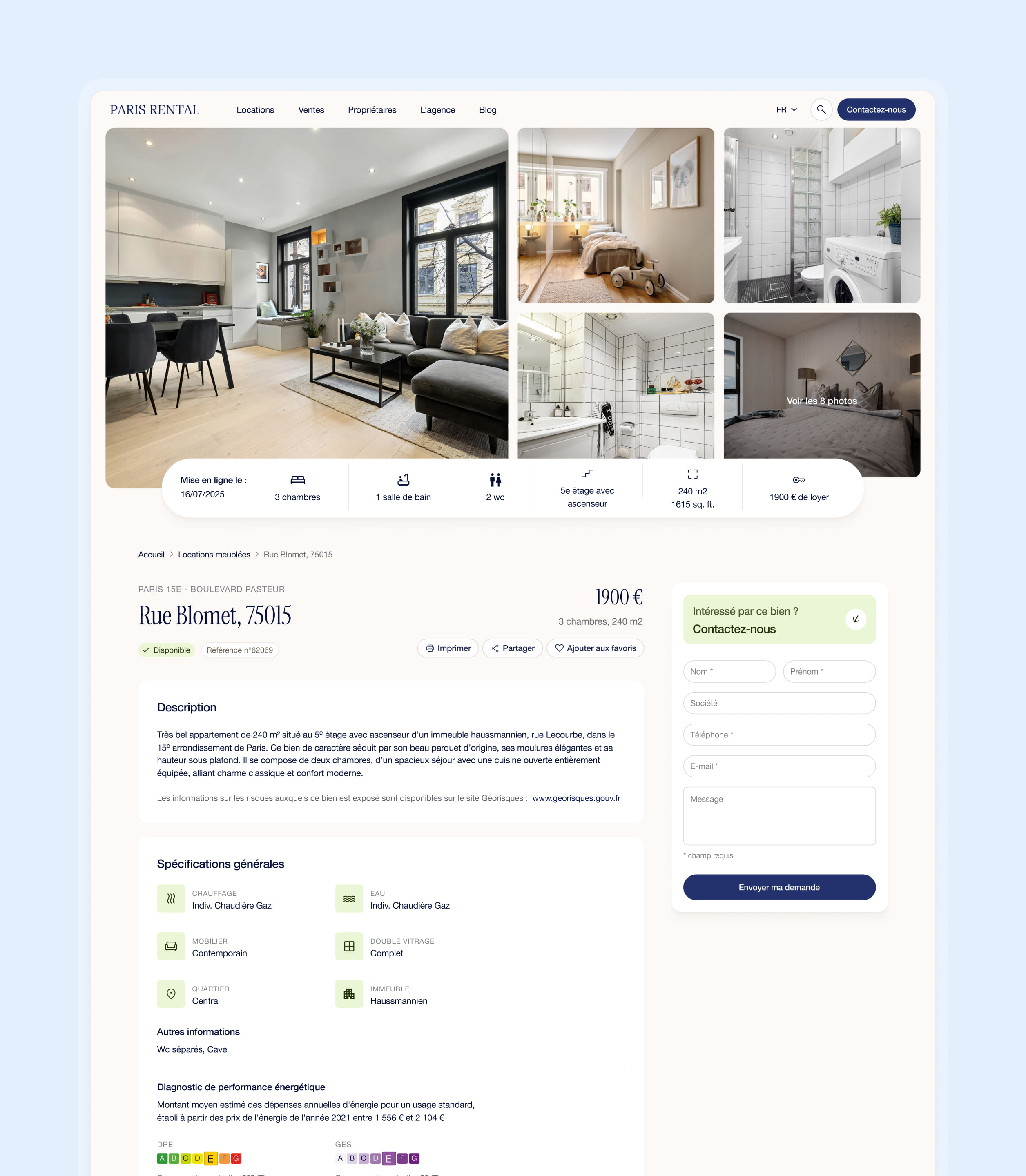 Page de détail d'un bien Paris Rental